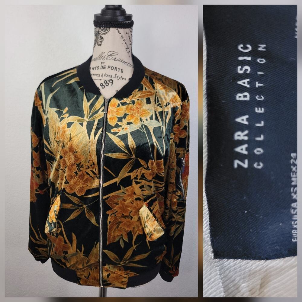 ZARA Collection Velour Floral Night Bomber MA-1 Jacket Sz XS Spain Made Zip Up